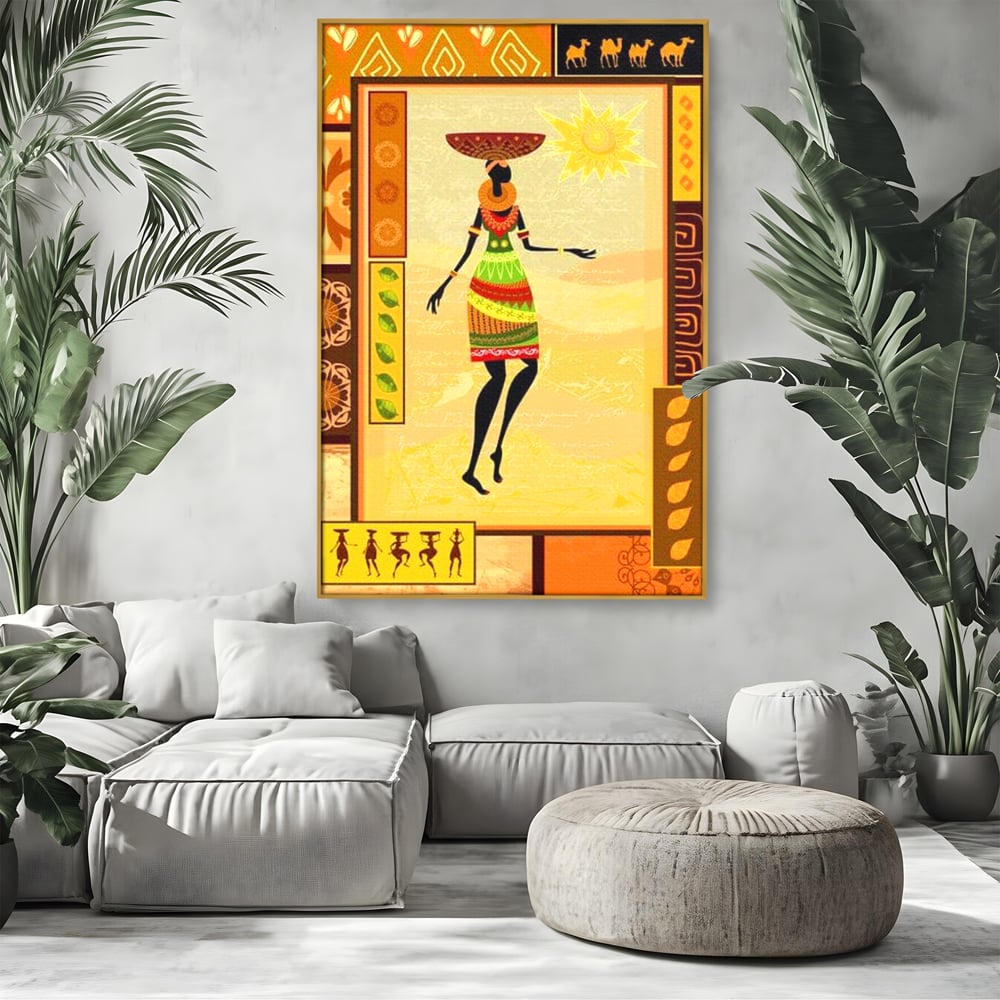Tablou canvas cu tablou canvas cu silueta feminina african, in rama de aluminiu auriu, pe perete intr-un living